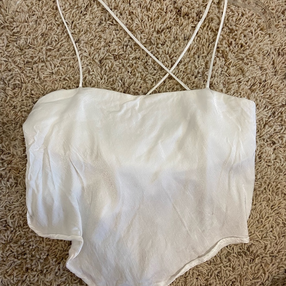 Zara top, worn once, white satin top with tie in the back & hook feature!